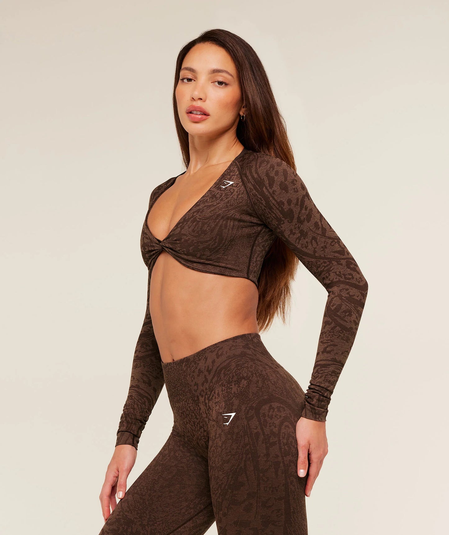 Gymshark Adapt Animal Sleeve Crop Top - Archive Brown